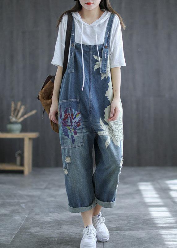 Art Navy Print Retro Hole Pockets Overall Jumpsuit Summer dylinoshop