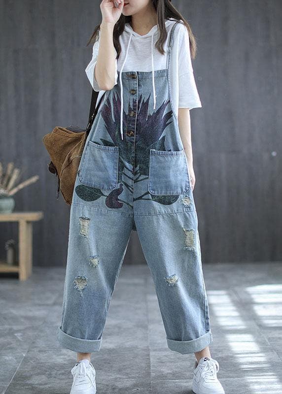 Art Navy Print Retro Hole Pockets Overall Jumpsuit Summer GK-JPTS210708