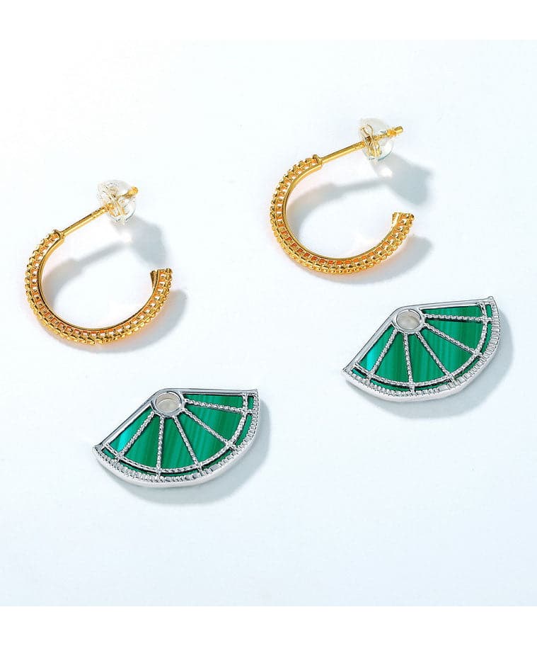 Art Peacock Green Fan-shaped Gem Stone Separable 14K Gold Stud Earrings Jew-EAR220805