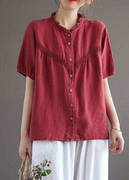 Art Red O-Neck Embroideried Floral Button Linen Shirt Lantern Sleeve gk-STP220722