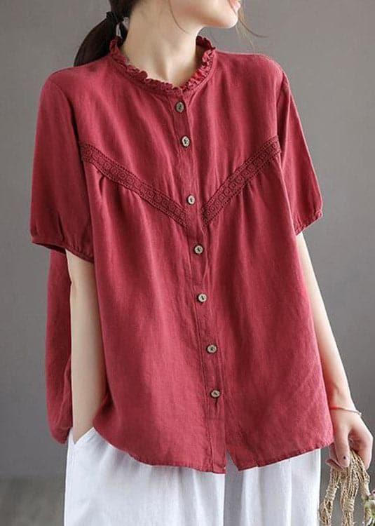 Art Red O-Neck Embroideried Floral Button Linen Shirt Lantern Sleeve gk-STP220722