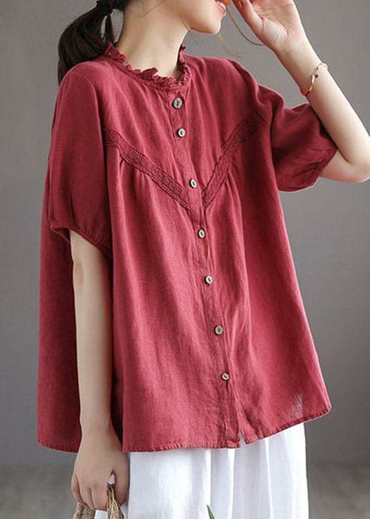 Art Red O-Neck Embroideried Floral Button Linen Shirt Lantern Sleeve gk-STP220722