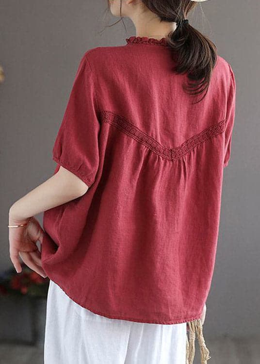 Art Red O-Neck Embroideried Floral Button Linen Shirt Lantern Sleeve gk-STP220722