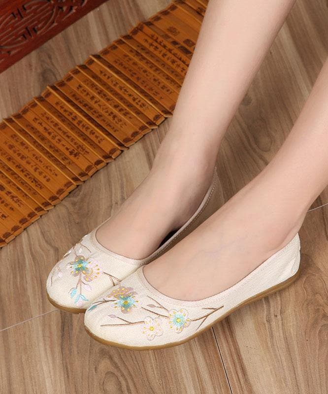 Art Splicing Flat Shoes For Women Beige Embroideried Cotton Linen Fabric XZ-PDX210728