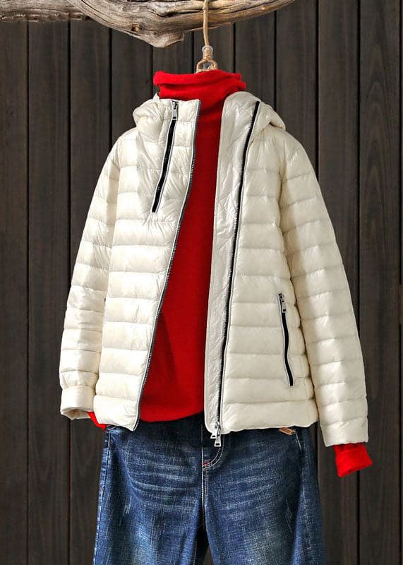 Art White Stand Collar Hooded Zip Up Pockets Duck Down Puffer Jacket Winter GK-DJK220830