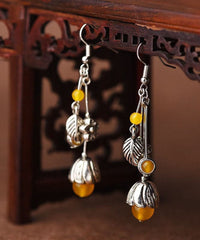 Art Yellow Agate Flower Tassel Silver Drop Earrings Jew-EAR220805