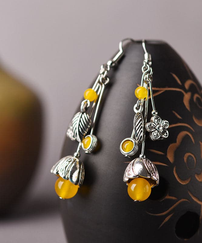 Art Yellow Agate Flower Tassel Silver Drop Earrings Jew-EAR220805