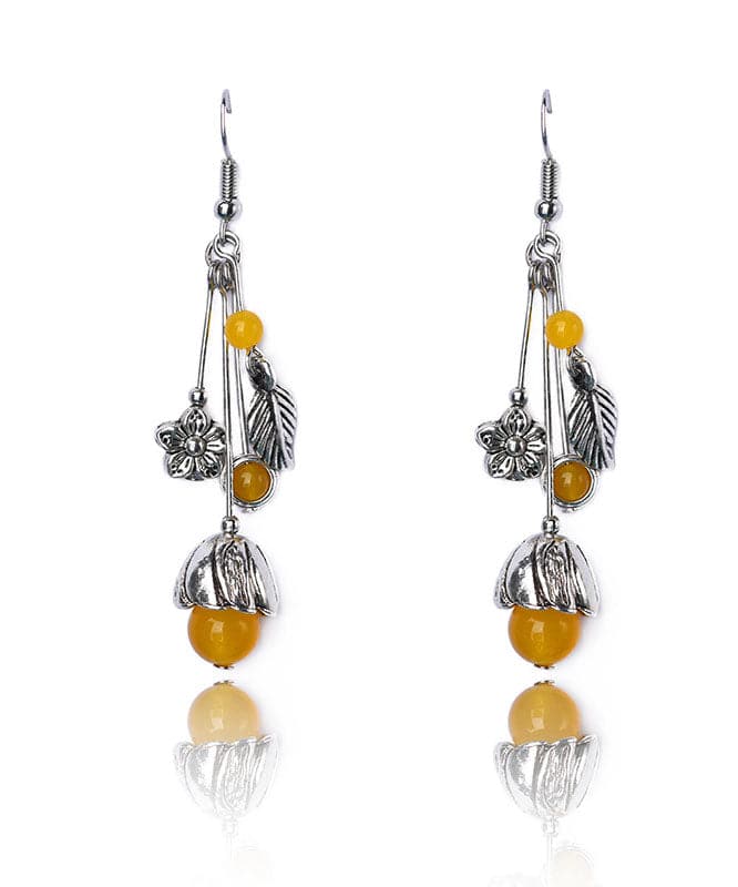 Art Yellow Agate Flower Tassel Silver Drop Earrings Jew-EAR220805