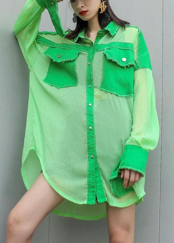 Art green chiffon patchwork tops women blouses big pockets tunic summer blouses AT-LTP190717