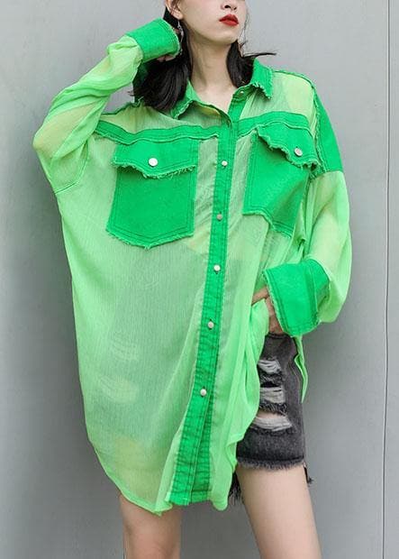 Art green chiffon patchwork tops women blouses big pockets tunic summer blouses AT-LTP190717