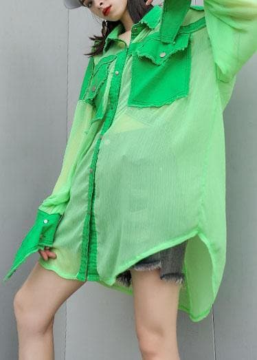 Art green chiffon patchwork tops women blouses big pockets tunic summer blouses AT-LTP190717