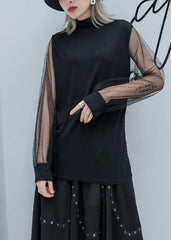 Art high neck cotton clothes Outfits black patchwork tulle sleeve blouses AT-LTP190903