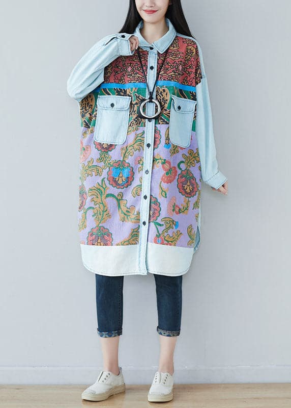 Art light Blue pockets side open Print denim shirt Dresses Spring YSBS-FDM220121