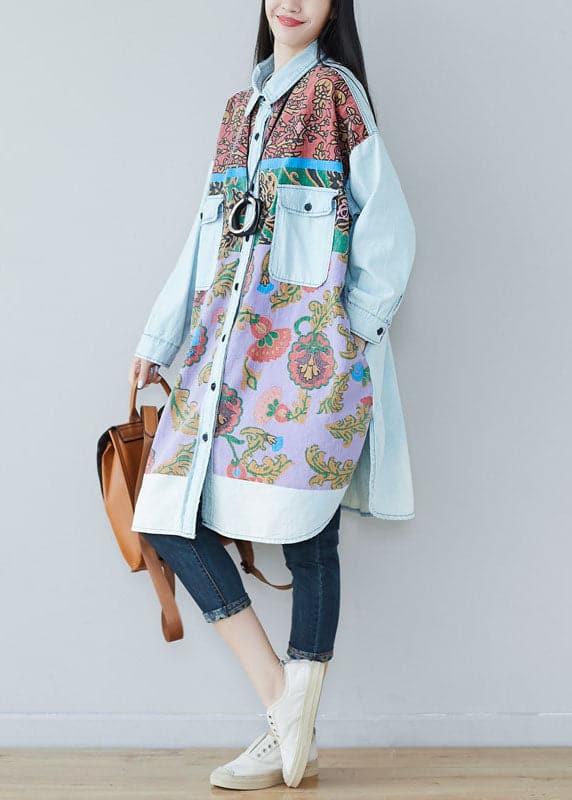 Art light Blue pockets side open Print denim shirt Dresses Spring YSBS-FDM220121