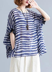 Art o neck Batwing Sleeve clothes Work Outfits blue striped blouse STP200409