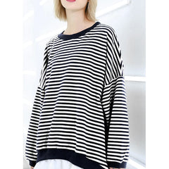 Art o neck Batwing Sleeve cotton fine Sewing striped silhouette top AT-LTP190115