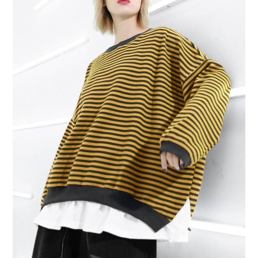 Art o neck Batwing Sleeve cotton fine Sewing striped silhouette top AT-LTP190115