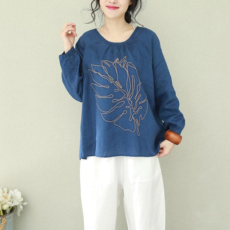 Art o neck linen Blouse Indian Shape blue printing tops LTP190129