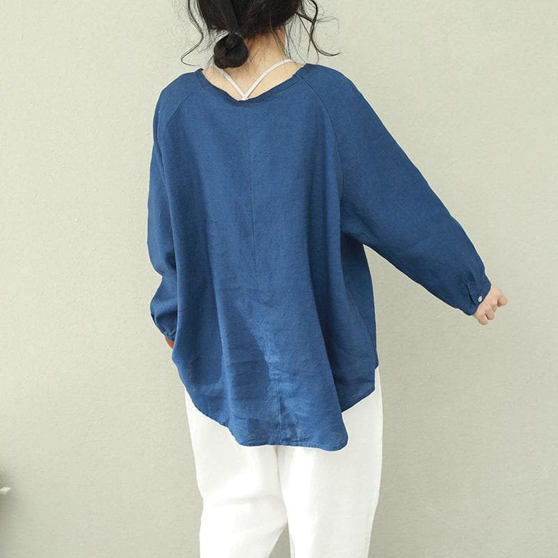 Art o neck linen Blouse Indian Shape blue printing tops LTP190129