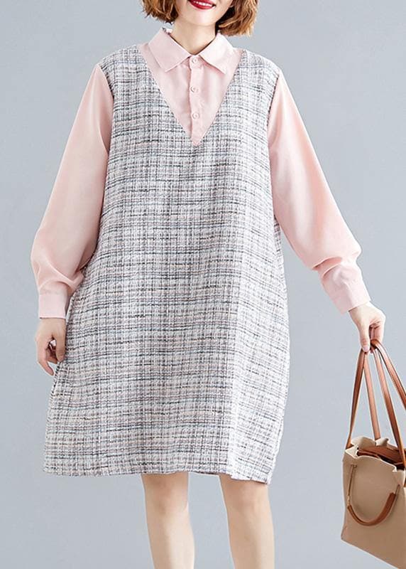 Art pink patchwork Plaid linen clothes For Women long sleeve false two pieces shift fall Dress FDM190830