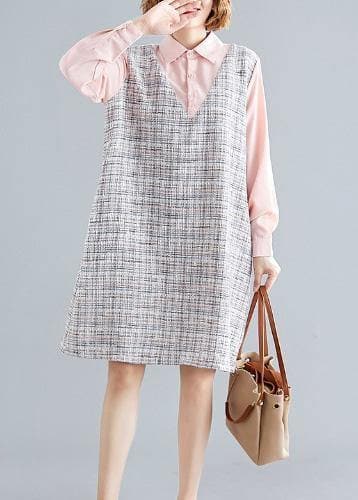 Art pink patchwork Plaid linen clothes For Women long sleeve false two pieces shift fall Dress FDM190830