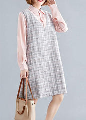 Art pink patchwork Plaid linen clothes For Women long sleeve false two pieces shift fall Dress FDM190830