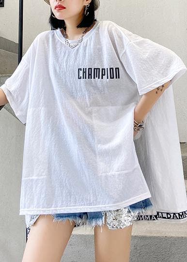 Art white Letter cotton crane tops o neck side open loose shirt AT-STP200617