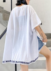 Art white Letter cotton crane tops o neck side open loose shirt AT-STP200617