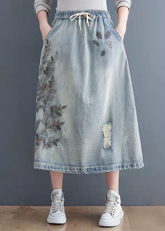 Art Navy Embroideried Hole Summer Denim Skirt GK-SKTS210715