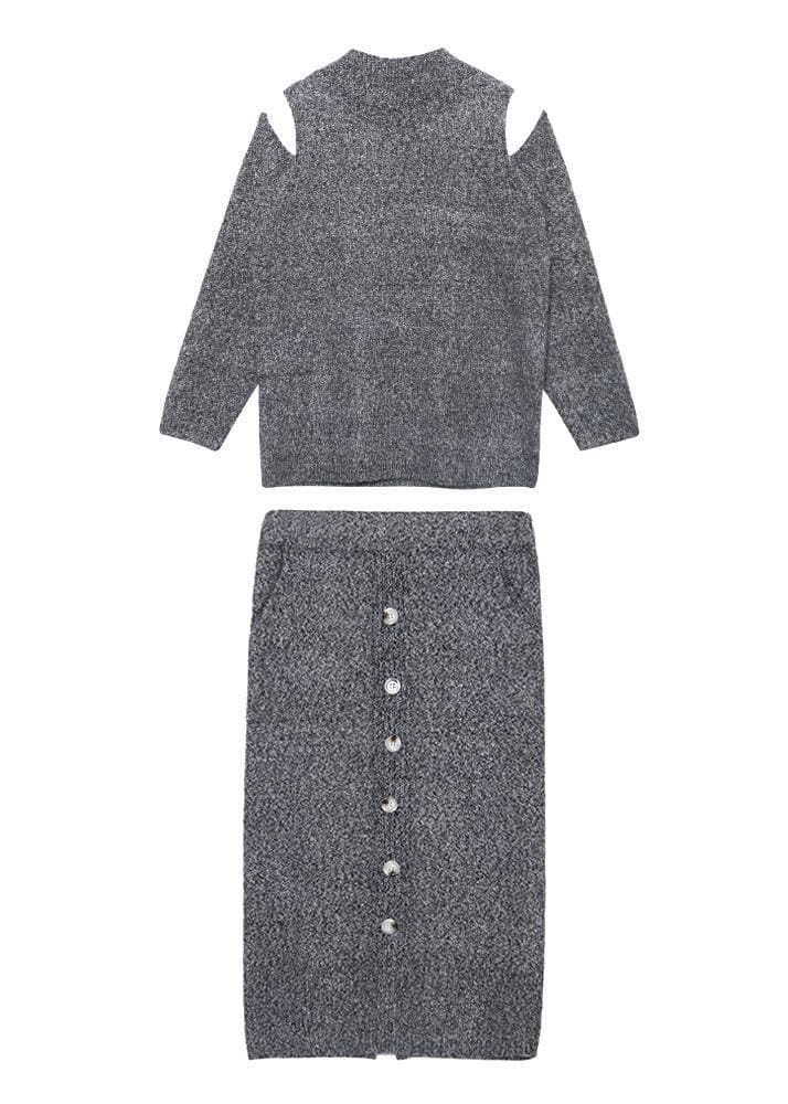 Autumn Knitted Gray Set Women's Two-piece Skirt New Sweater Skirt Set AT-NTP191023