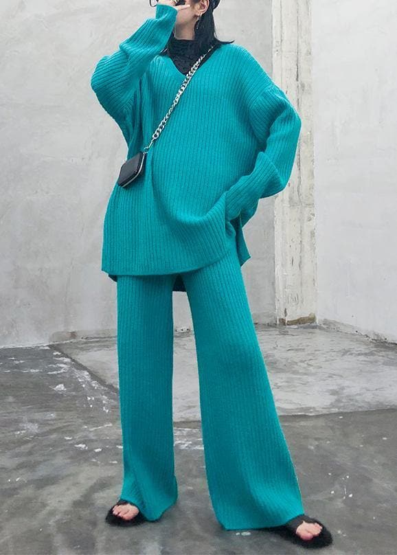 Autumn and winter suit 2021 new women's fashion knitted wide leg pants blue green two piece AT-NSD201014