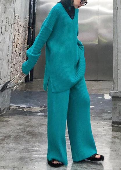 Autumn and winter suit 2021 new women's fashion knitted wide leg pants blue green two piece AT-NSD201014