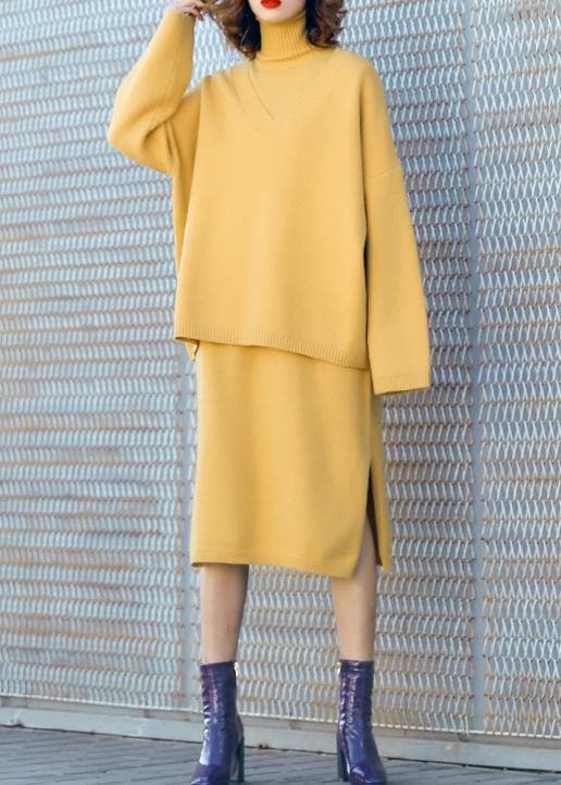 Autumn new temperament yellow high collar long-sleeved sweater suit skirt two-piece AT-NTP191023