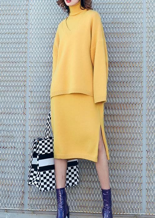 Autumn new temperament yellow high collar long-sleeved sweater suit skirt two-piece AT-NTP191023