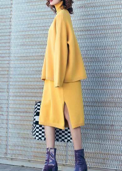 Autumn new temperament yellow high collar long-sleeved sweater suit skirt two-piece AT-NTP191023