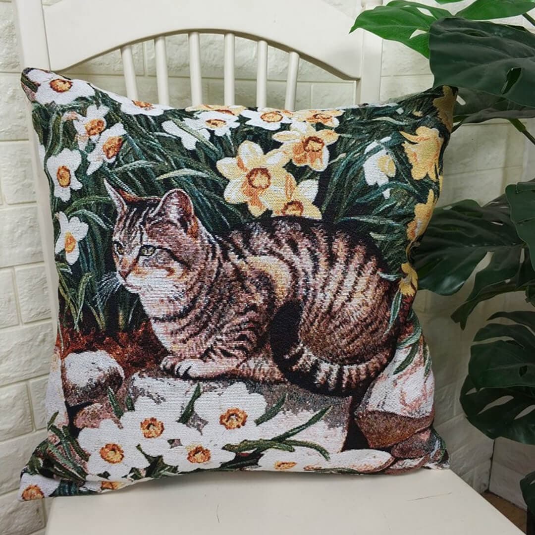 Cat Print Cotton Linen Pillow Cover dylinoshop