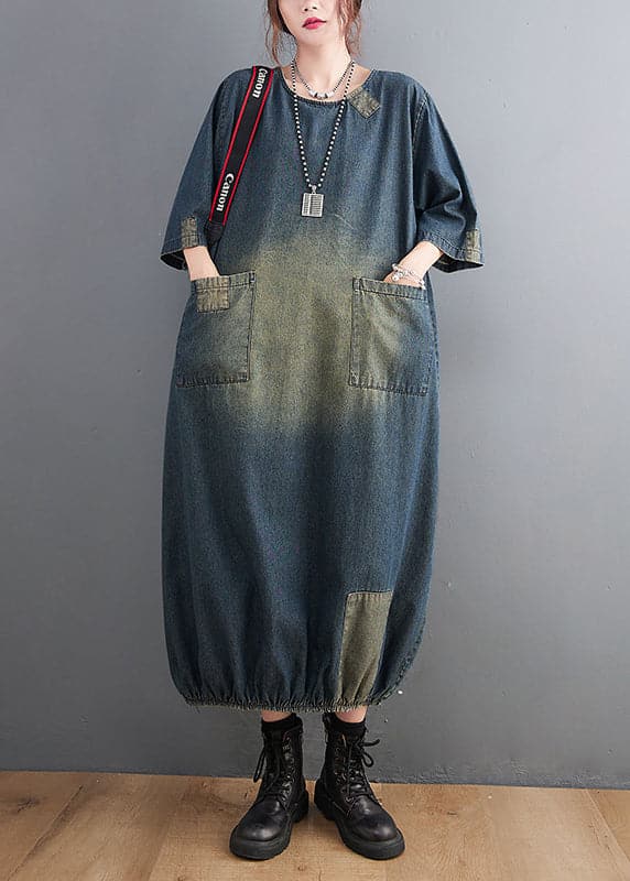 Baggy Blue O-Neck Pockets Patchwork Denim Dresses Half Sleeve YLHC-SDL220411