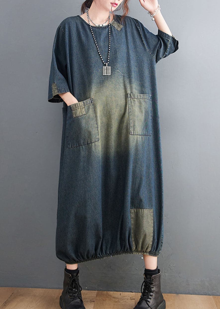 Baggy Blue O-Neck Pockets Patchwork Denim Dresses Half Sleeve YLHC-SDL220411