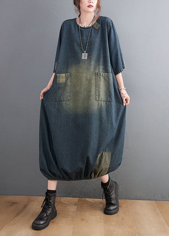 Baggy Blue O-Neck Pockets Patchwork Denim Dresses Half Sleeve YLHC-SDL220411