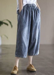 Baggy Light Blue Elastic Waist Pockets Denim Cotton Wide Leg Pants Summer GK-CPTS220516