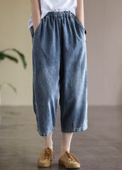 Baggy Light Blue Elastic Waist Pockets Denim Cotton Wide Leg Pants Summer GK-CPTS220516