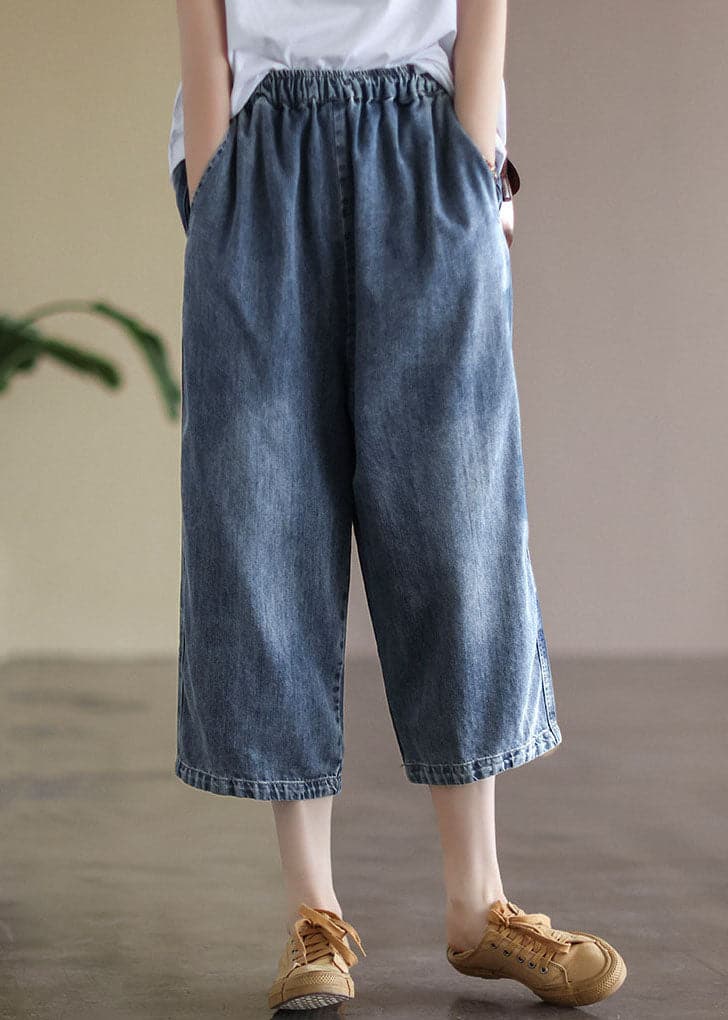 Baggy Light Blue Elastic Waist Pockets Denim Cotton Wide Leg Pants Summer GK-CPTS220516