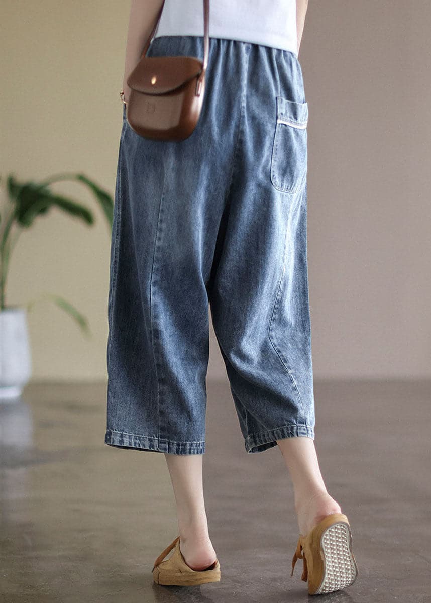 Baggy Light Blue Elastic Waist Pockets Denim Cotton Wide Leg Pants Summer GK-CPTS220516