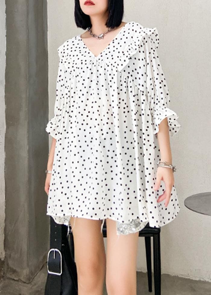 Beach white dotted chiffon clothes plus size Sleeve v neck Ruffles Love tops AT-STP200623