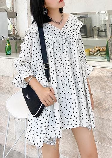 Beach white dotted chiffon clothes plus size Sleeve v neck Ruffles Love tops AT-STP200623