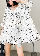 Beach white dotted chiffon clothes plus size Sleeve v neck Ruffles Love tops AT-STP200623