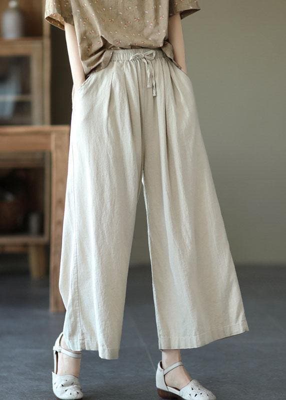 Beautiful Beige Elastic Waist tie waist Wide Leg Pants Linen GK-LPTS210715