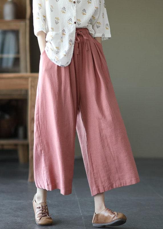 Beautiful Beige Elastic Waist tie waist Wide Leg Pants Linen GK-LPTS210715