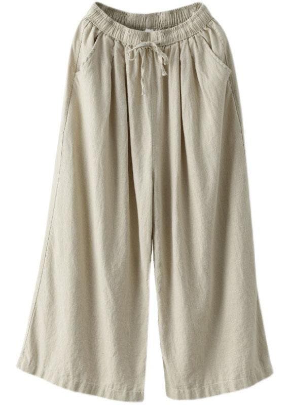 Beautiful Beige Elastic Waist tie waist Wide Leg Pants Linen GK-LPTS210715