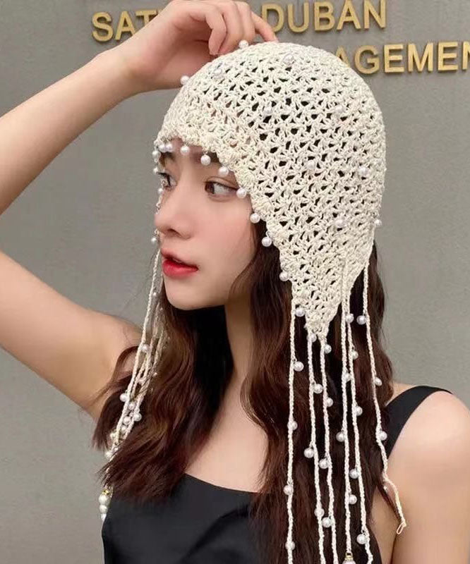 Beautiful Beige Pearl Tassel Hollow Out Knit Bonnie Hat dylinoshop